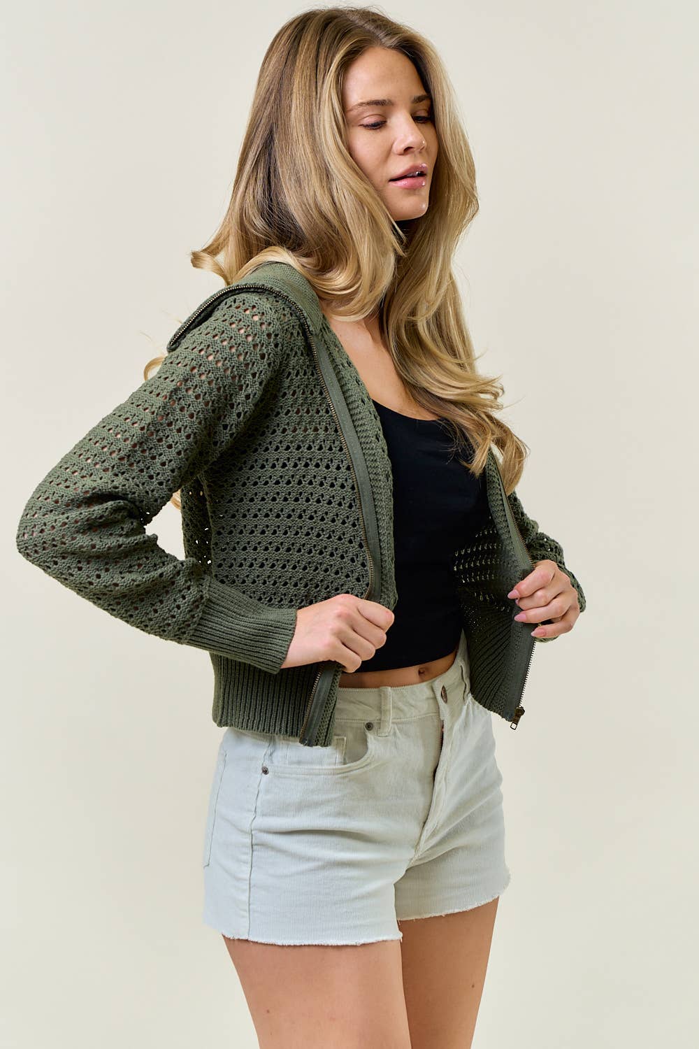 Zip-Up Knit Sweater Jacket - Olive
