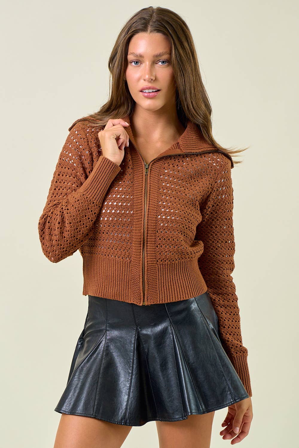 Zip-Up Knit Sweater Jacket - Caramel