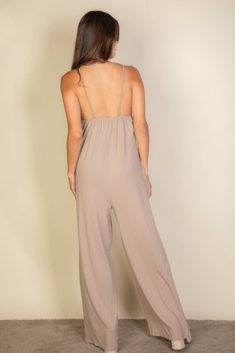 Spaghetti Strap Wide Leg Jumpsuit - Taupe