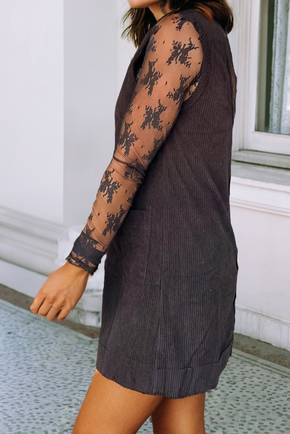 Corduroy Sleeveless Mini Dress - Black