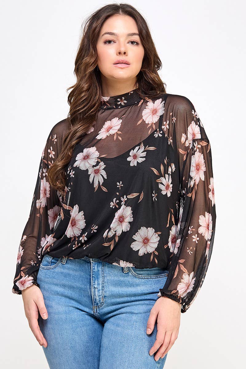 Plus Size Mesh Floral Top