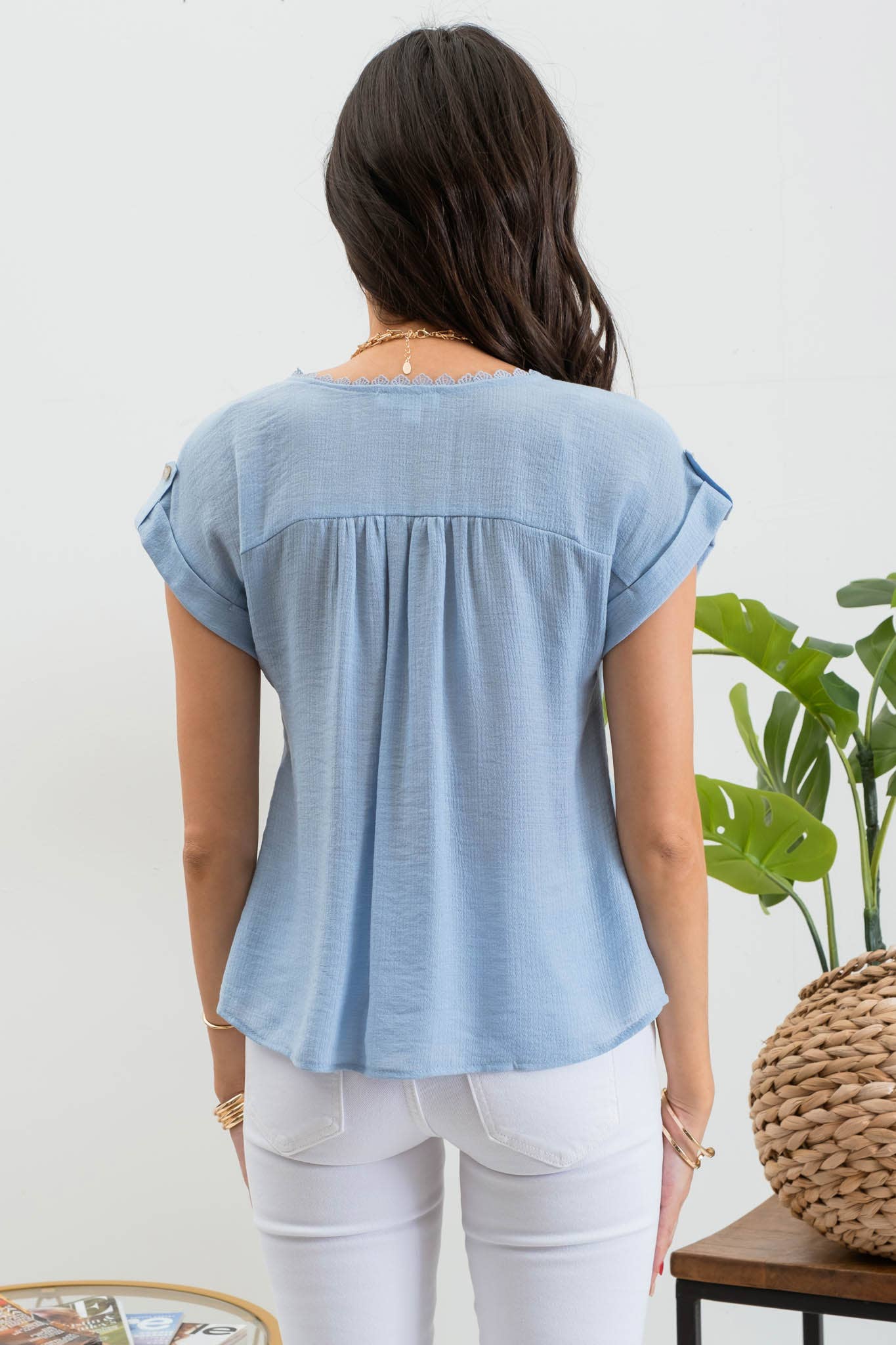 Lori Lace Trim Blouse - Sky Blue