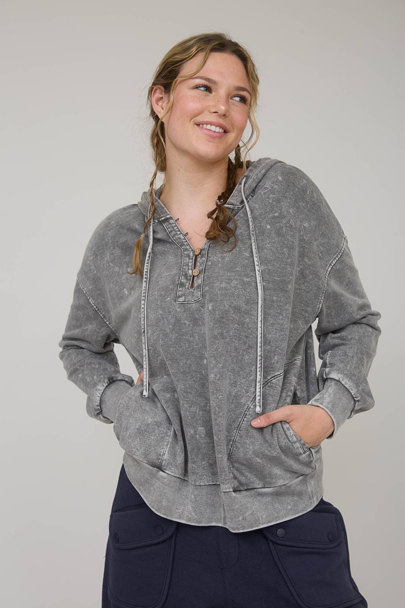 Hooded Henley Sweater - Gray