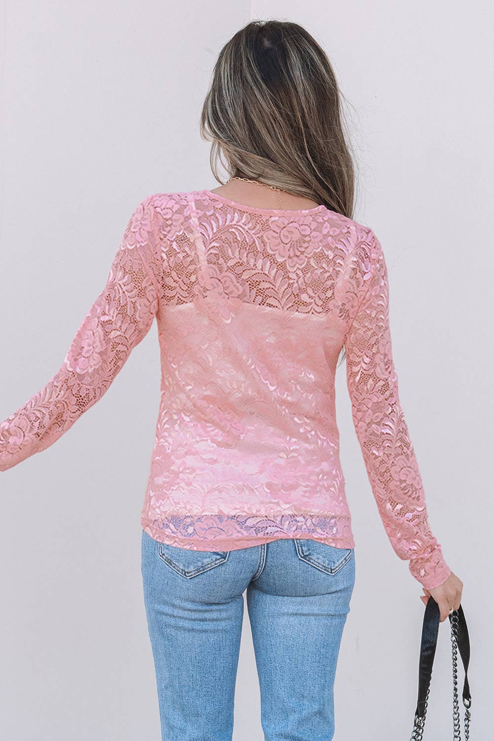 Pink Floral Lace Sheer Long Sleeve