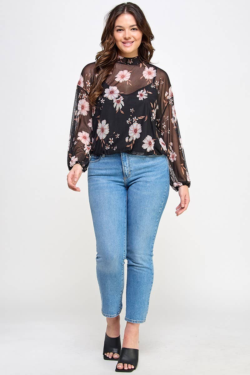 Plus Size Mesh Floral Top