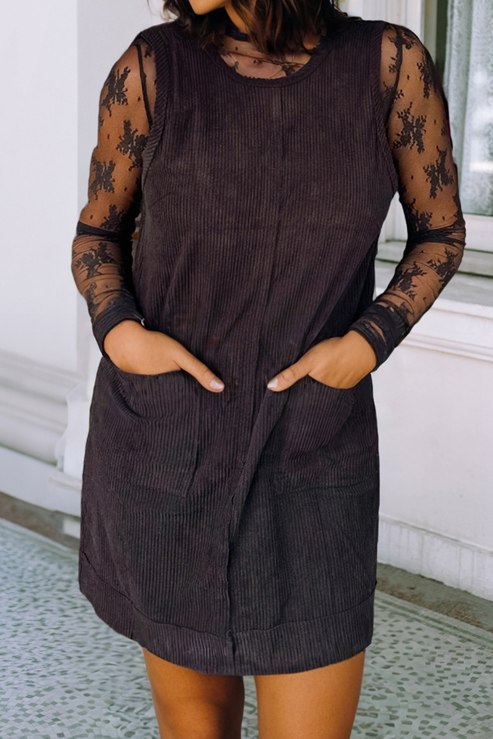 Corduroy Sleeveless Mini Dress - Black