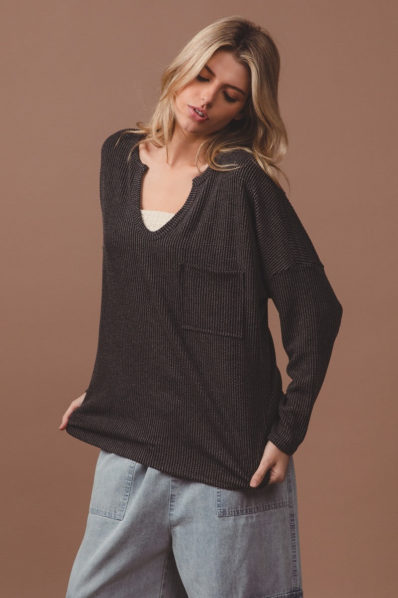 Carly Two Tone Pocket Top - Charcoal