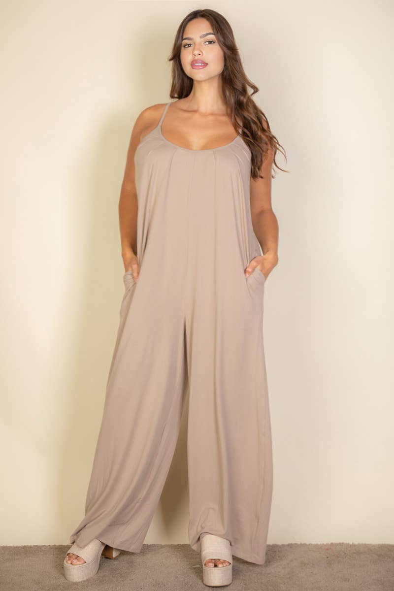 Spaghetti Strap Wide Leg Jumpsuit - Taupe