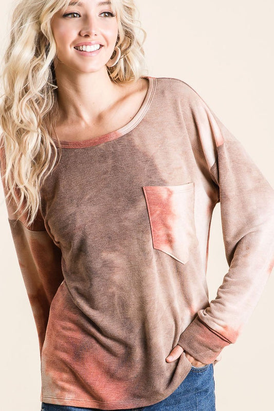 Kara Tie Dye Terry Top Oversized  - Rust/Mocha