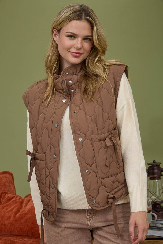 Bow Tie Puffer Vest - Brown