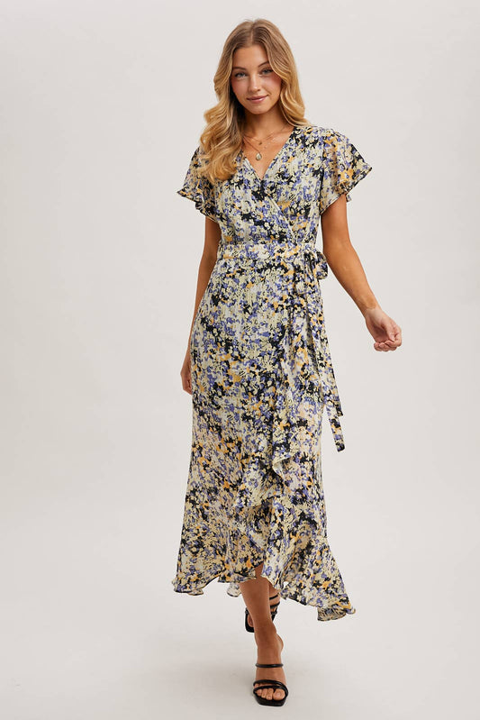 Floral Wrap Ruffled Midi