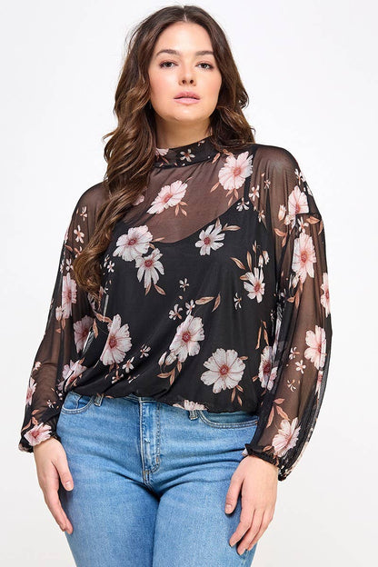 Plus Size Mesh Floral Top