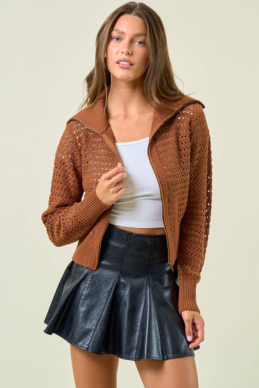 Zip-Up Knit Sweater Jacket - Caramel