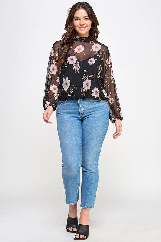 Plus Size Mesh Floral Top