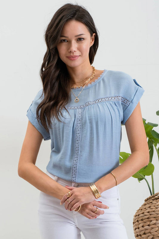 Lori Lace Trim Blouse - Sky Blue