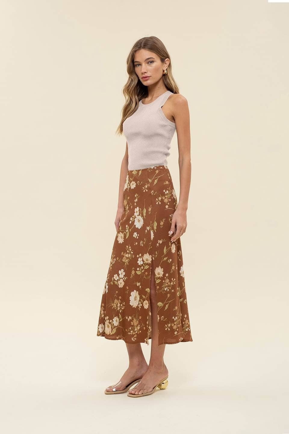 Fiona Floral Midi Skirt - Brown