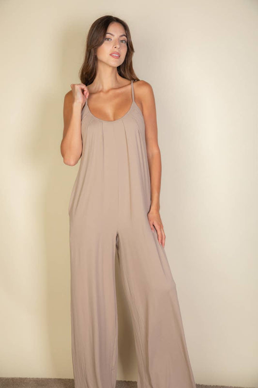 Spaghetti Strap Wide Leg Jumpsuit - Taupe